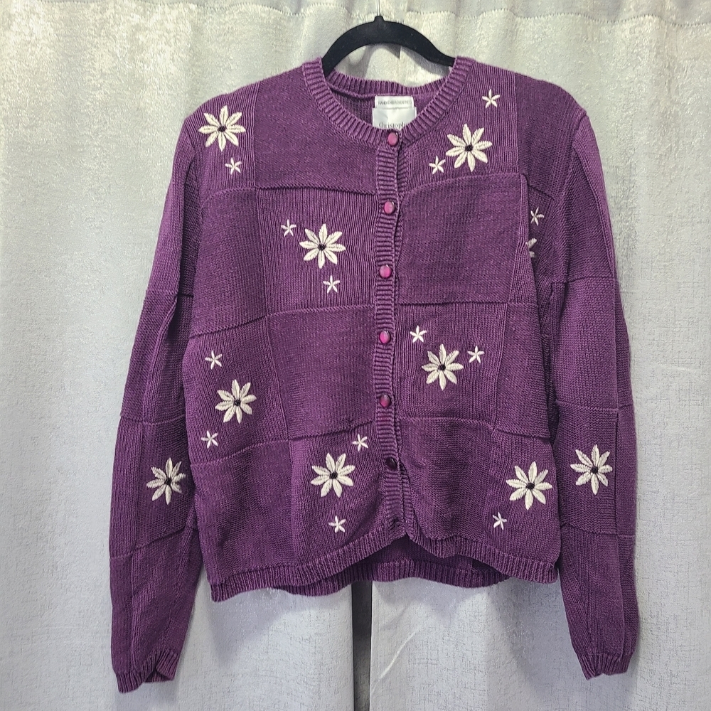 Christopher & Banks Purple Caridgan Sweater Beaded‎ White Floral Accents